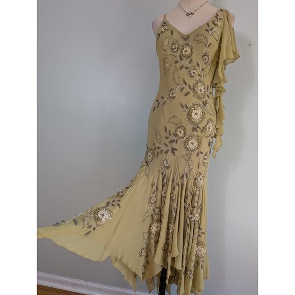 Vintage Sue Wong Silk Maxi Dress Gown 10 Green Y2K Fairy Floral Bead Grunge - Picture 7 of 16